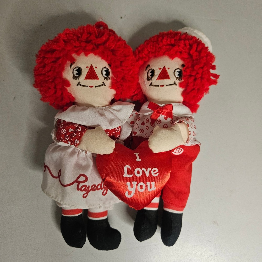 Vintage Applause Raggedy Ann and Andy I Love You Heart Plush Doll Pair 8.5"